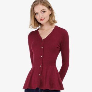 Allegra K Burgundy Peplum Ribbed Knit V-neck Long Sleeve Sweater Size M NWT